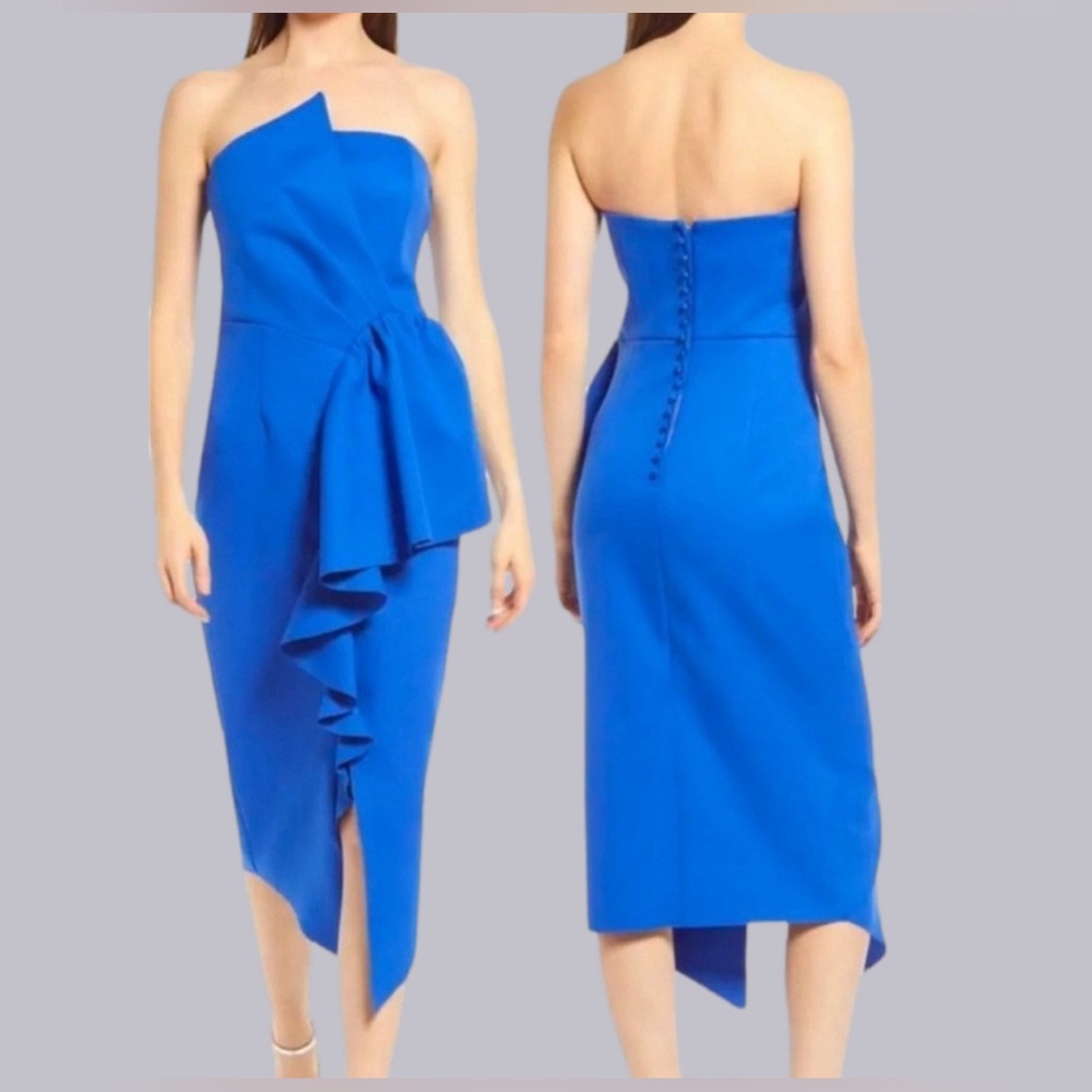 Elliatt Reception Cascade Cocktail Midi Dress in Cobalt Blue